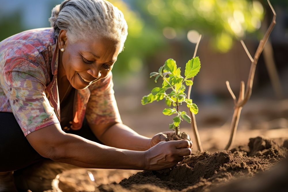 Woman planting seeding garden gardening outdoors.