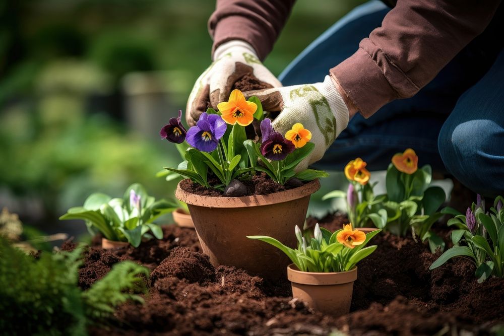 Gardeners hand planting flowers garden gardening outdoors.