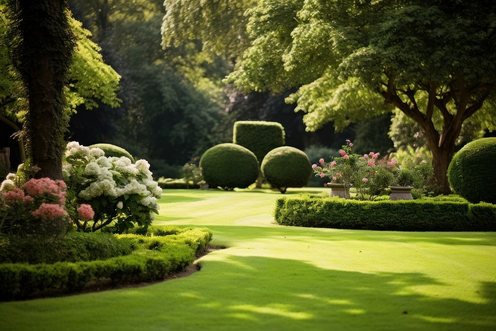Green lawn in formal garden landscape outdoors woodland.