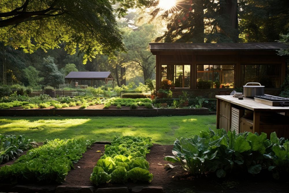 Green lawn in kitchen garden backyard architecture outdoors.