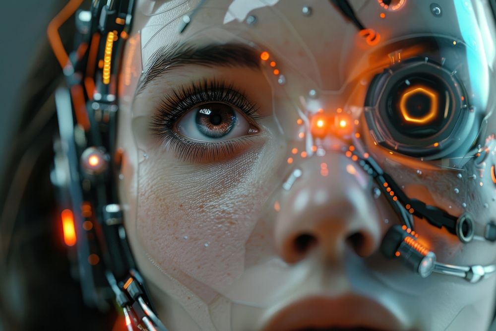 Human and robot futuristic technology portrait.