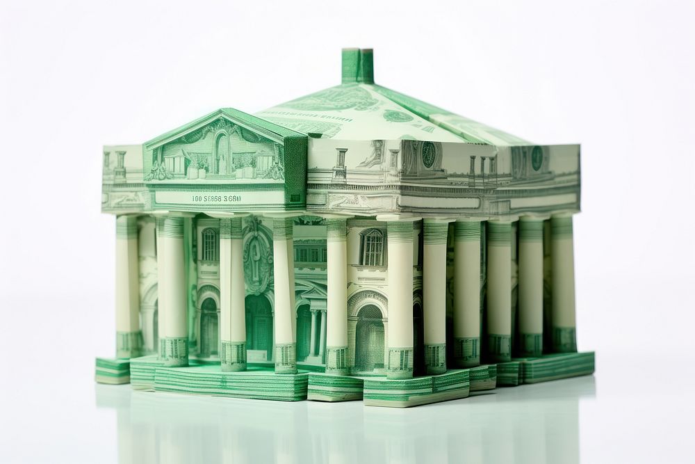 Bank building made from roll of banknote architecture white background investment.