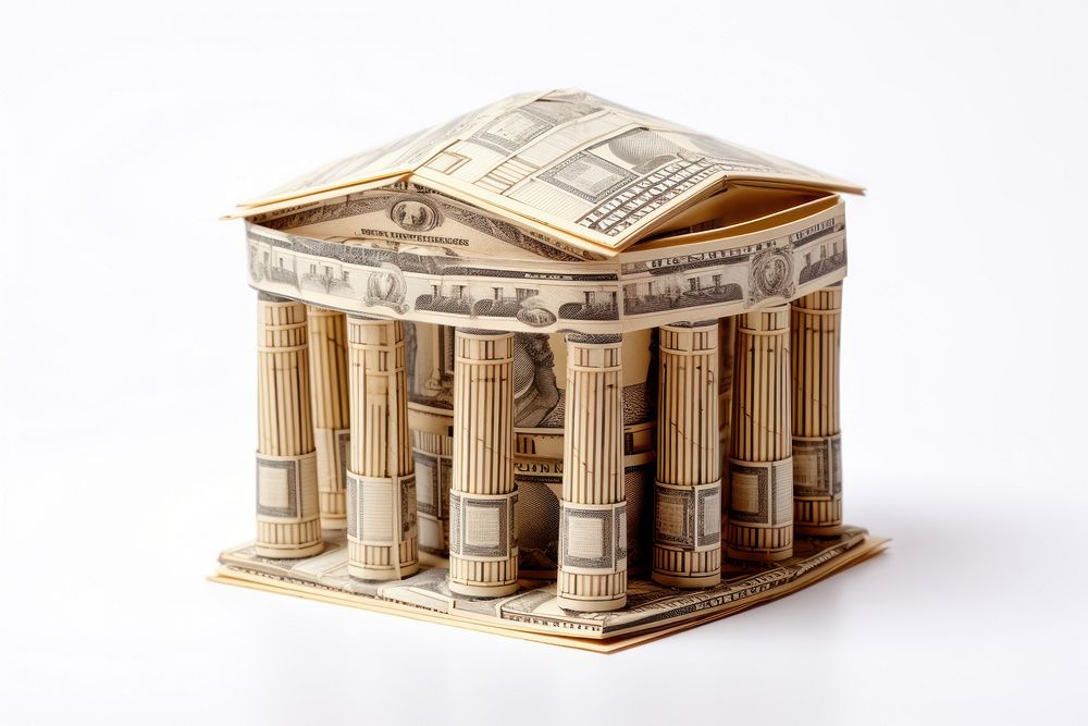Bank building made from roll of banknote architecture column money.