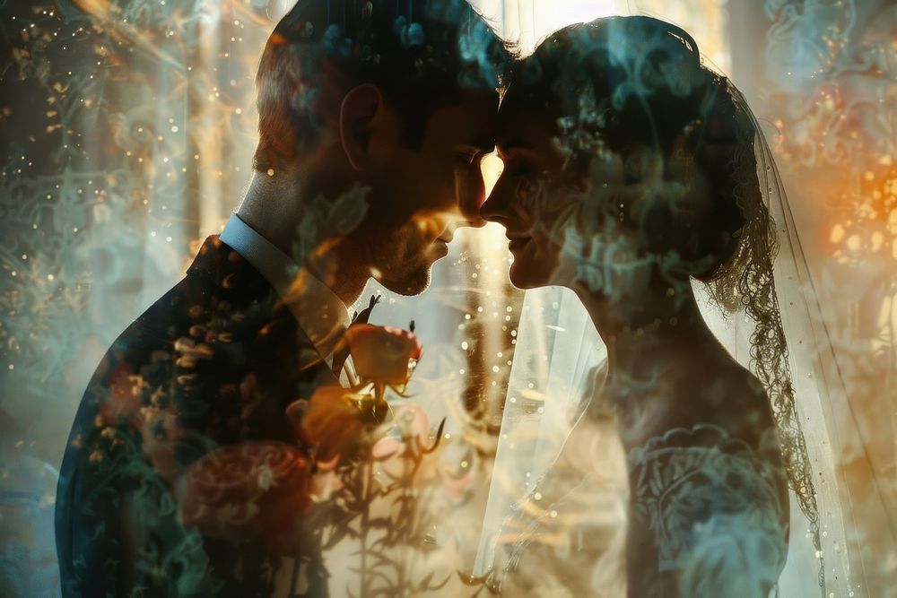 Bride and groom kissing adult plant.