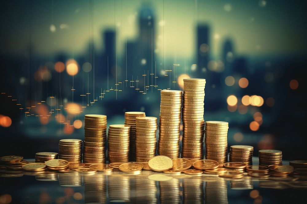 Double exposure photography of graph and rows of coins for finance money architecture investment.