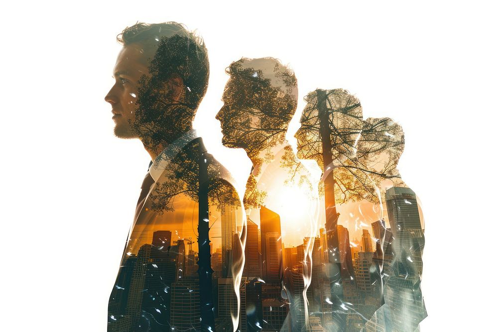 Double exposure photography businessman and teamwork sunlight outdoors adult.
