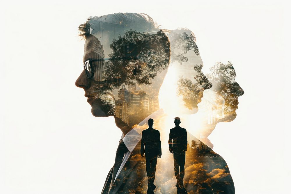 Double exposure photography businessman and teamwork adult backlighting togetherness.