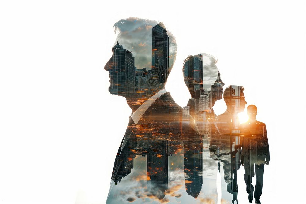 Double exposure photography businessman and teamwork silhouette outdoors adult.