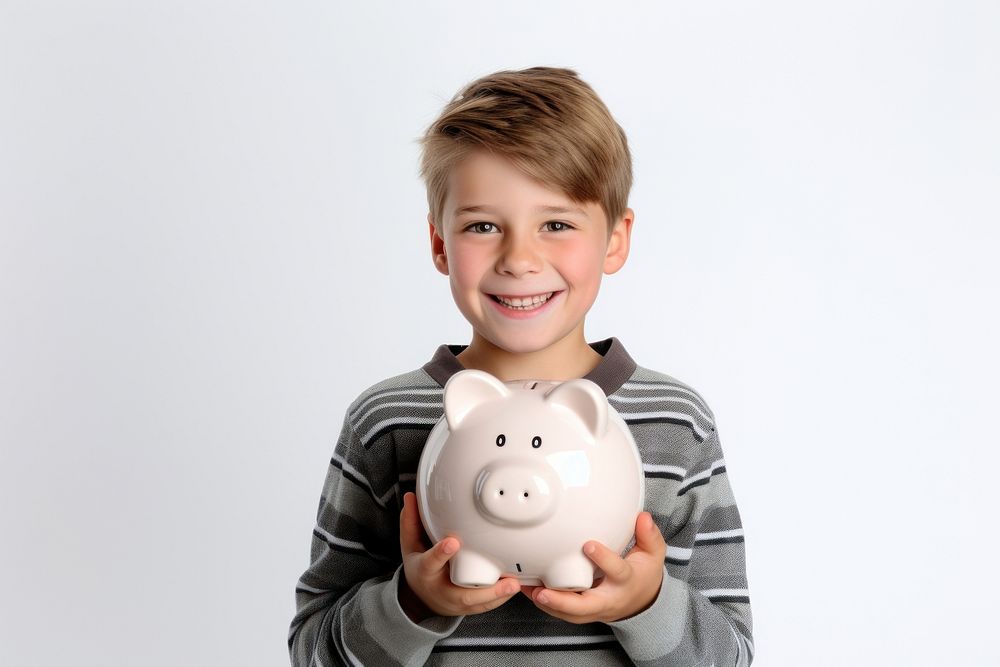 Kid holding piggy bank child investment happiness.