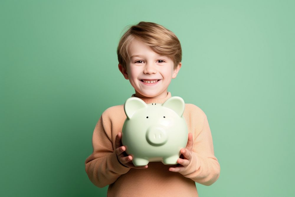 Kid holding piggy bank baby representation investment.