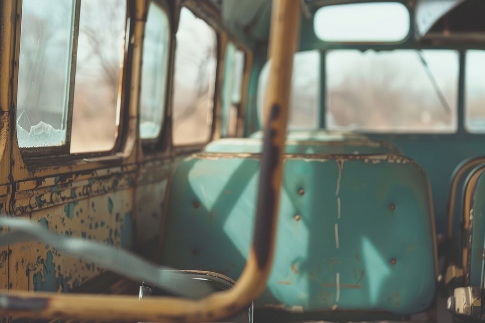 Old vintage school bus abandoned vehicle broken.