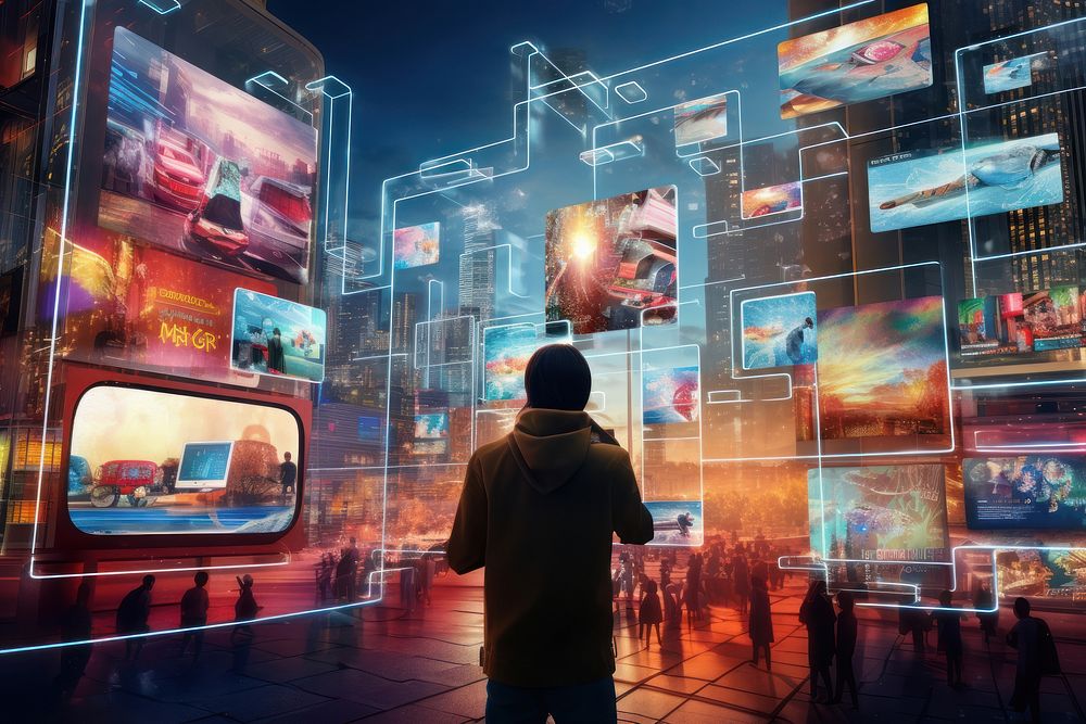 City street transformed by mixed reality advertisement screen adult.