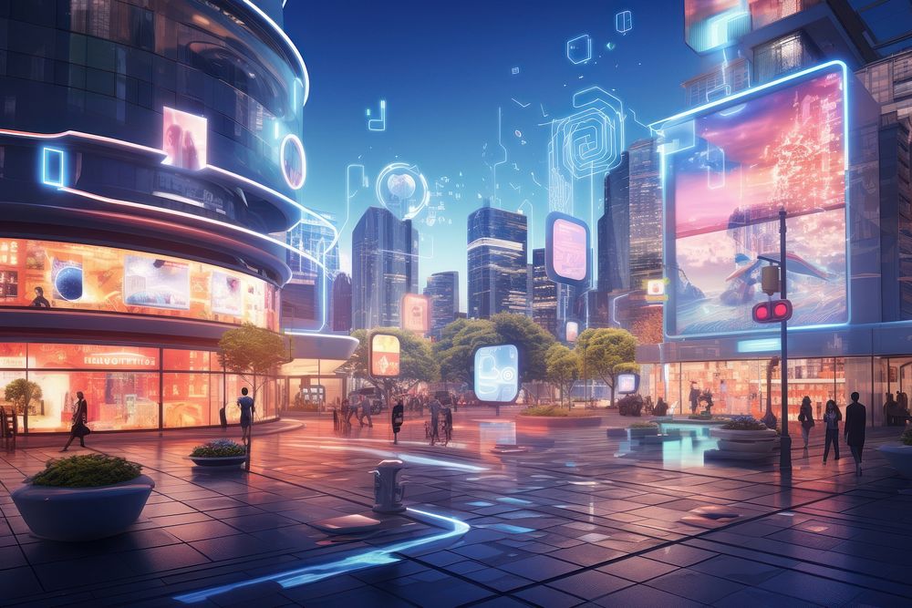 City street transformed by mixed reality architecture metropolis cityscape.