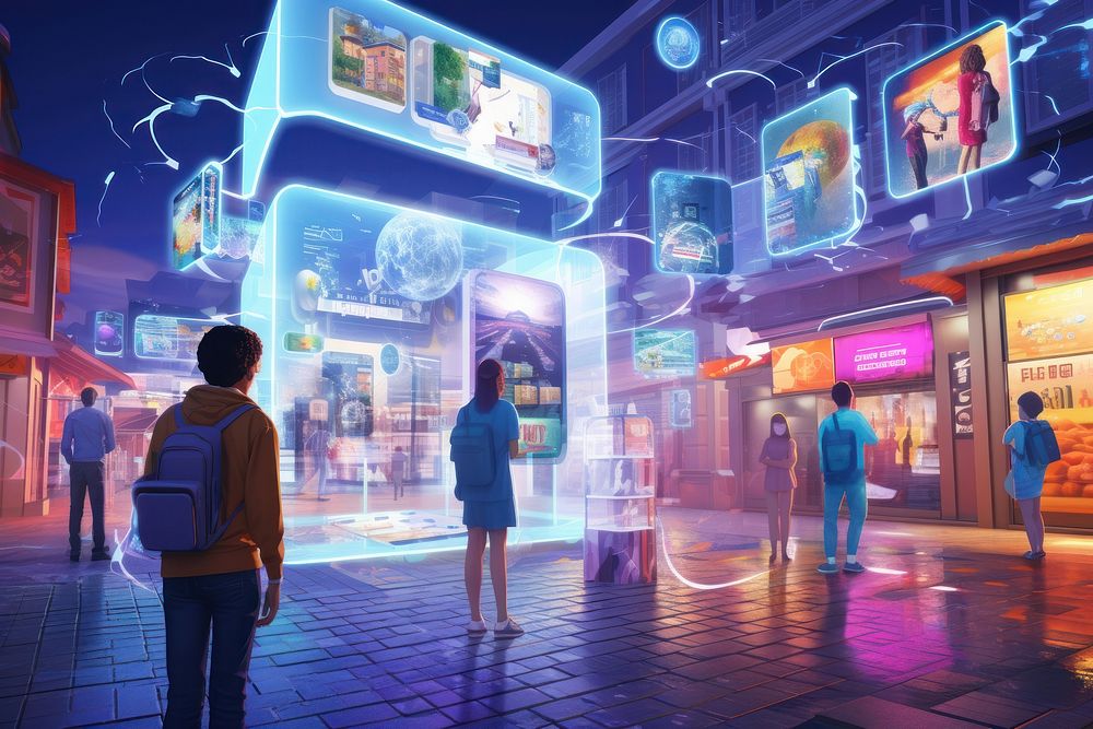 City street transformed by mixed reality nightlife adult shop.