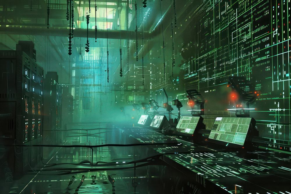 Futuristic cyber background architecture illuminated electronics.