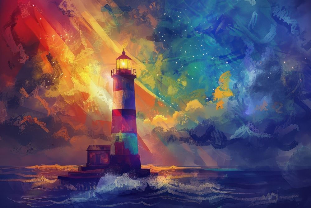 Rainbow lighthouse architecture painting outdoors.