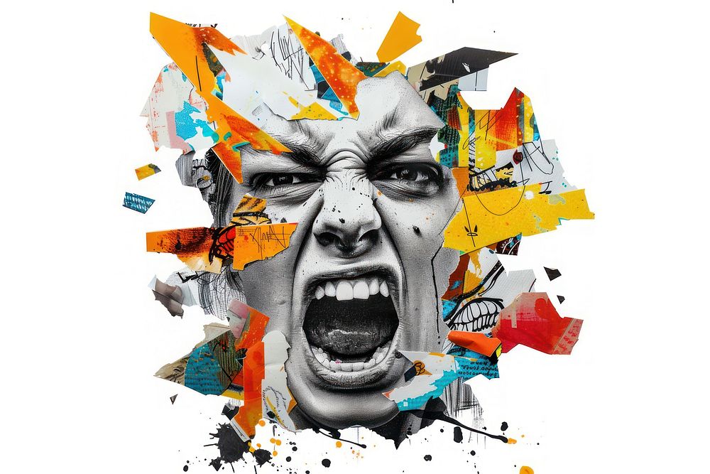 Paper collage of angry people art portrait shouting.