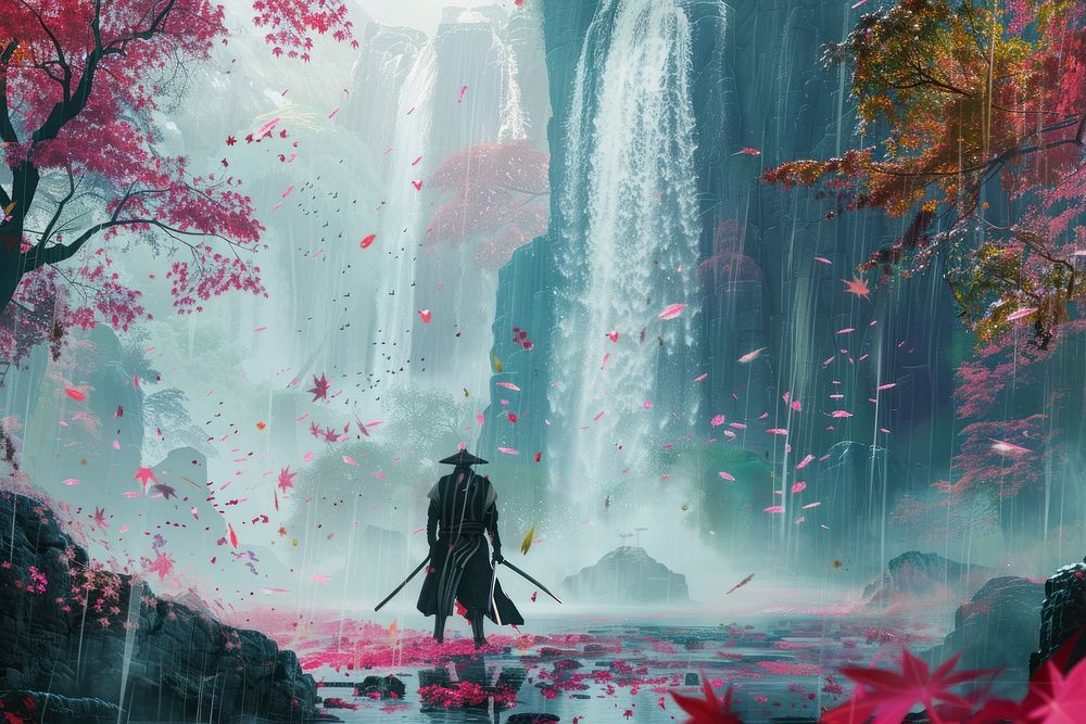 Samurai waterfall painting outdoors.