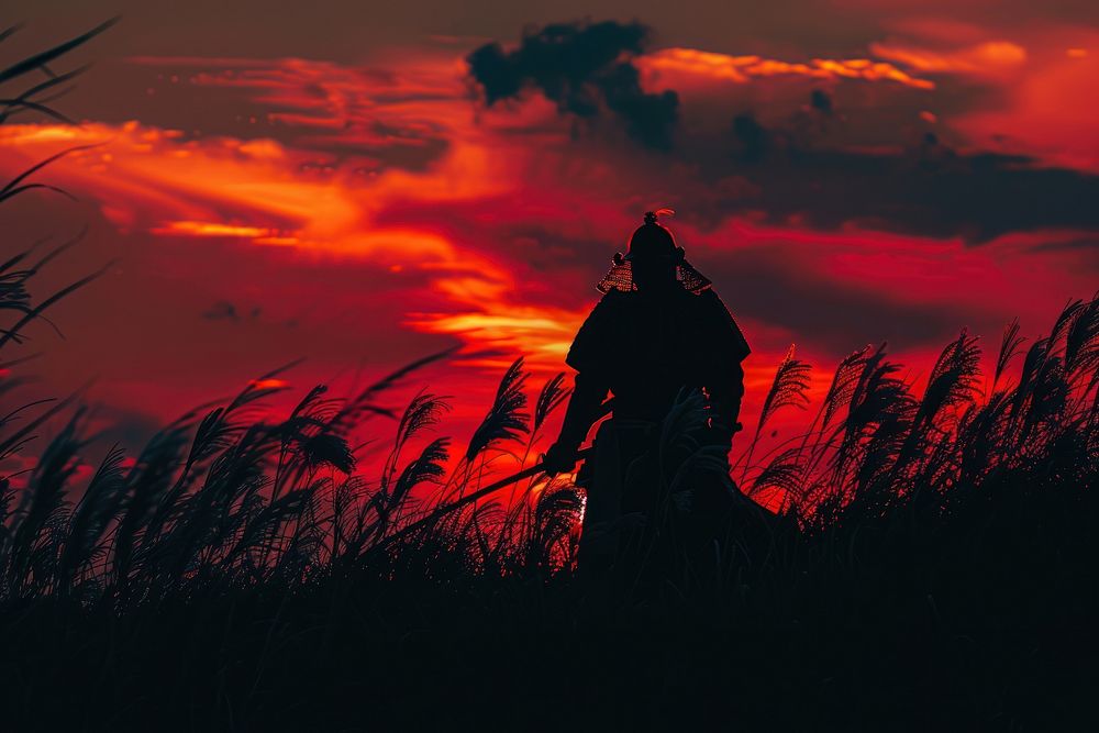 Samurai backlighting silhouette sunset.