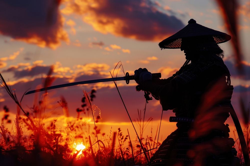 Samurai backlighting silhouette outdoors.