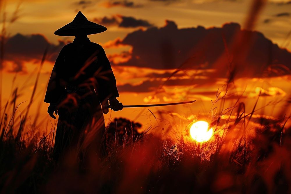 Samurai silhouette outdoors sunset.