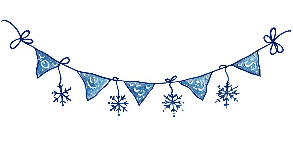 Blue snowflake flag string white line white background.