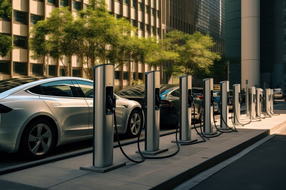 Street view of electric vehicles charging at smart stations transportation street wheel.