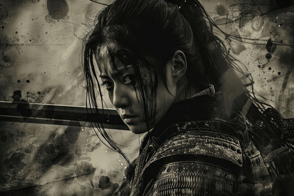 Woman samurai portrait black photo.