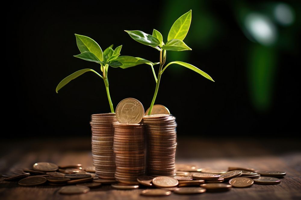 Coins and money growing plant savings banking investment.