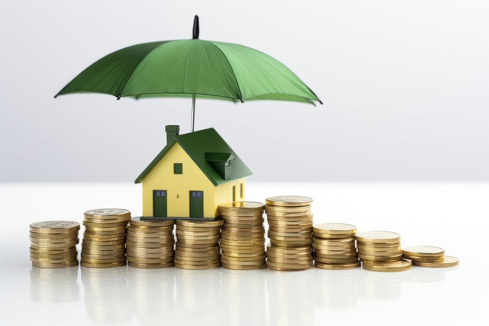 Coins and a house in white color under a green umbrella money architecture investment.
