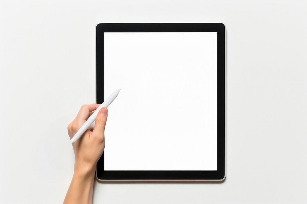 A big tablet mockup with hand holding stylus Pen computer pen white background.