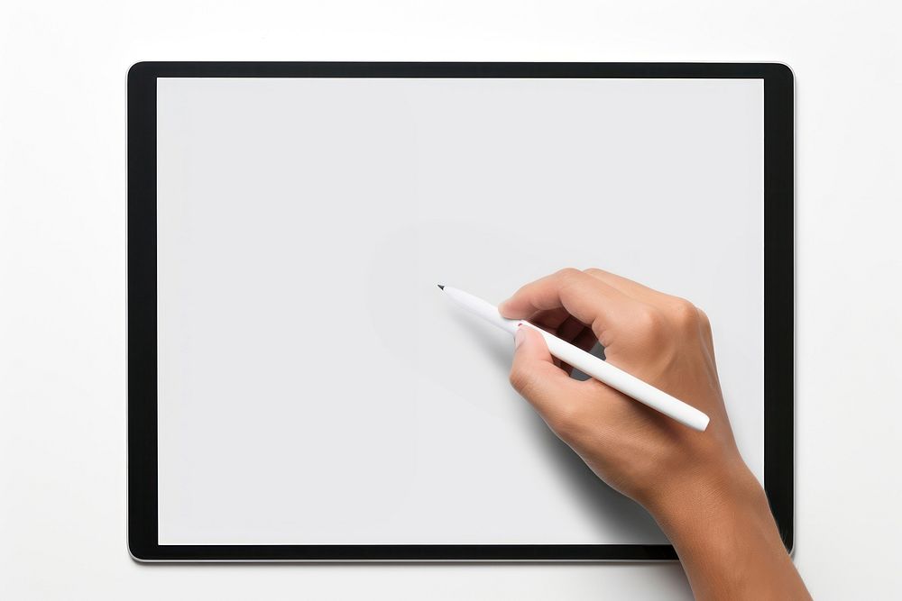 A big tablet mockup with hand holding stylus Pen pen computer writing.