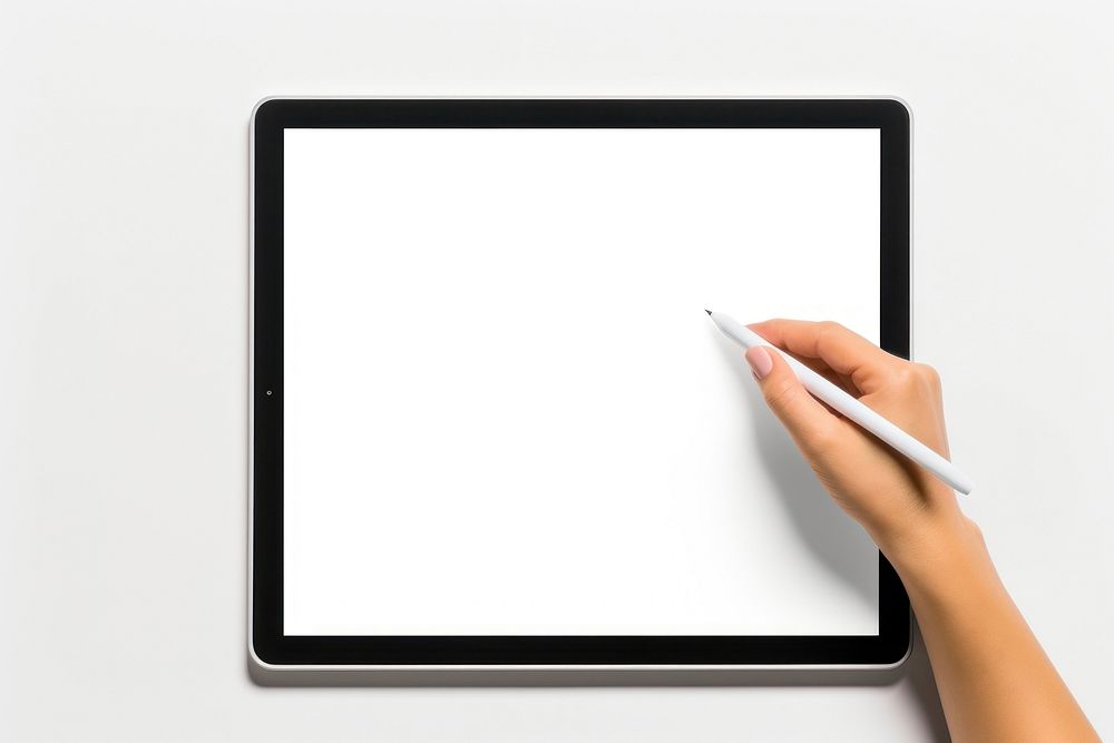 A big tablet mockup with hand holding stylus Pen pen computer white background.
