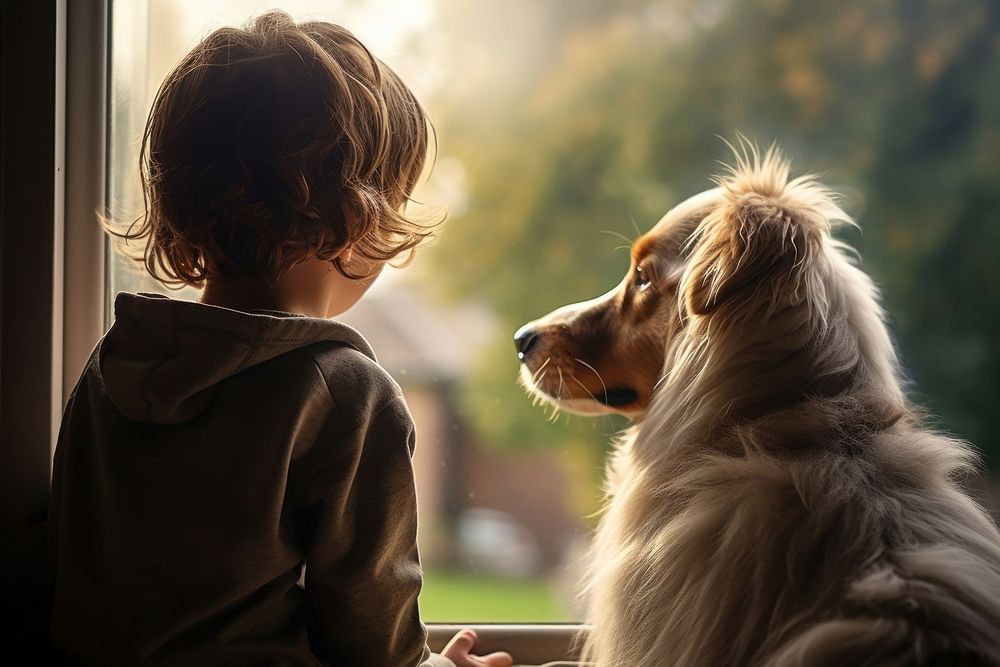 A child and a dog stood looking out the window mammal animal photo.