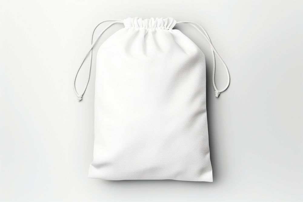 A drawstring bag mockup white white background wrinkled.