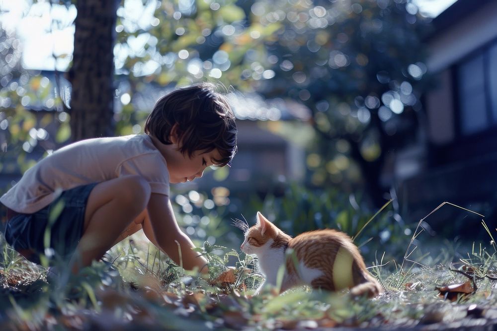 Kid playing with a cat outdoors animal mammal.