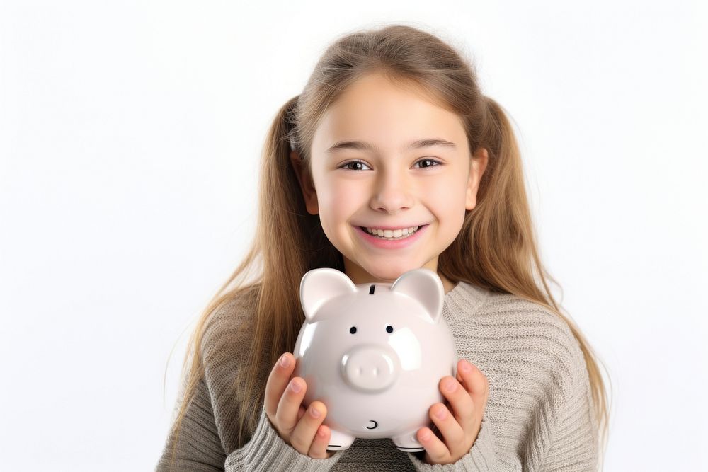 Girl holding his piggy bank child investment retirement.