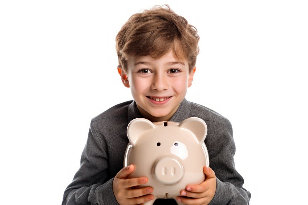 Kid holding his piggy bank money child white background.