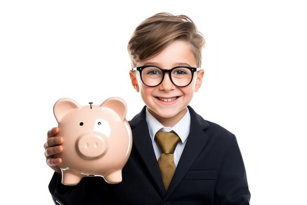 Kid holding his piggy bank glasses adult happy.