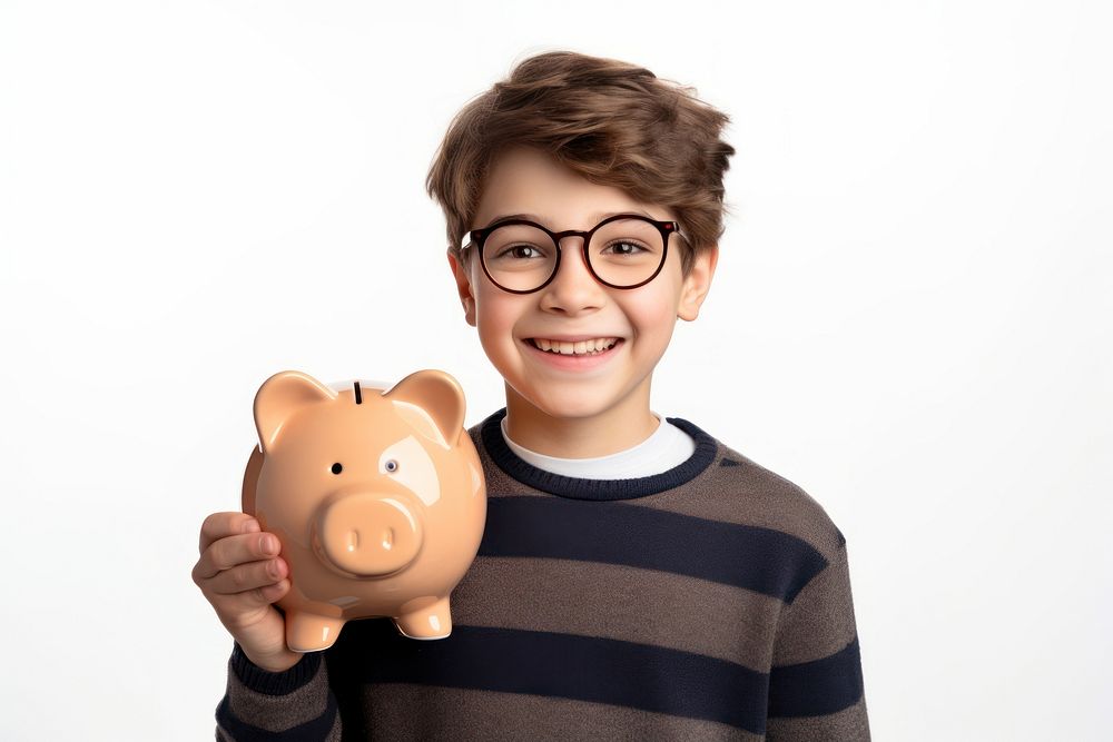 Kid holding his piggy bank glasses money smile.