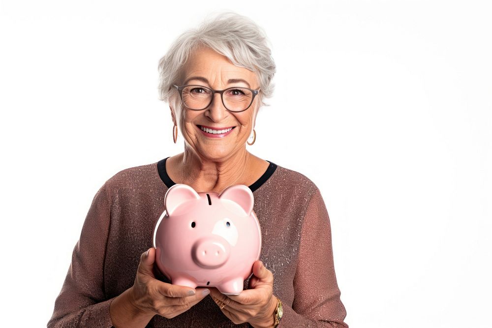 Woman holding his piggy bank glasses happy white background.