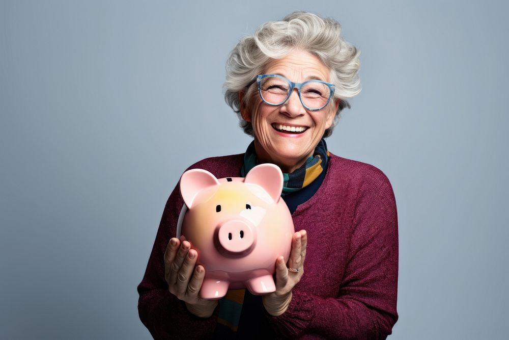 Woman holding his piggy bank portrait glasses adult.