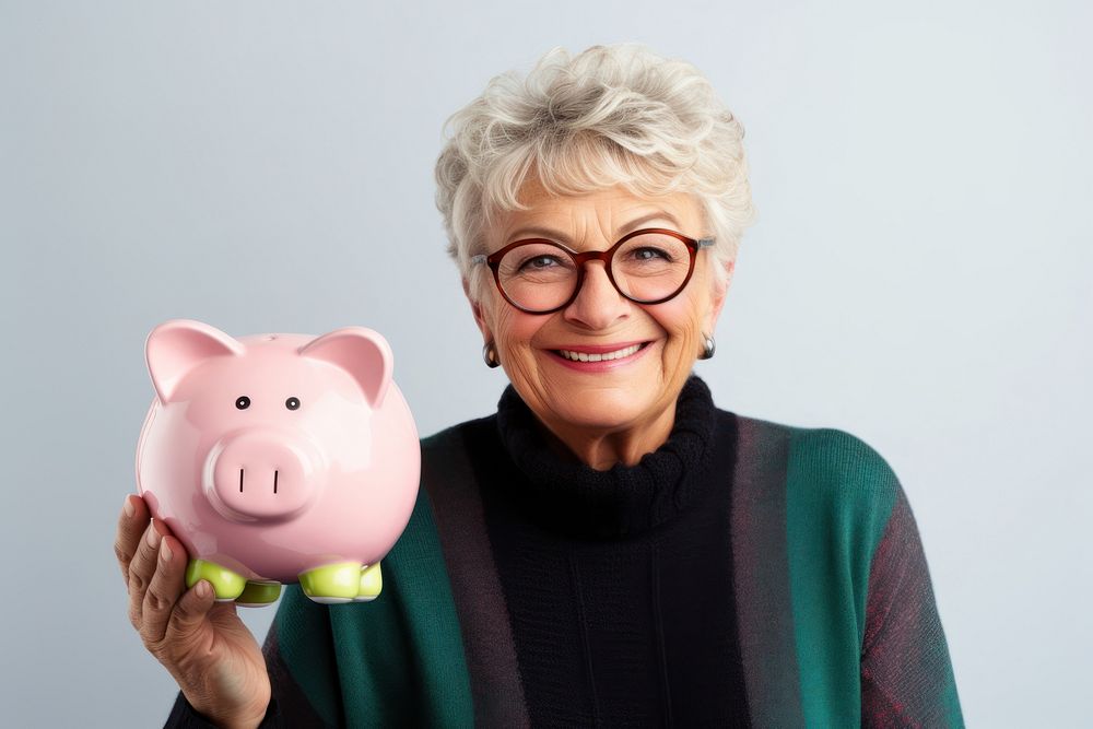Woman holding his piggy bank portrait glasses adult.