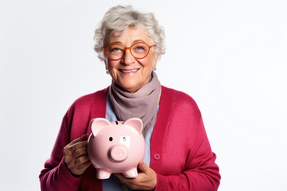 Woman holding his piggy bank adult happy retirement.