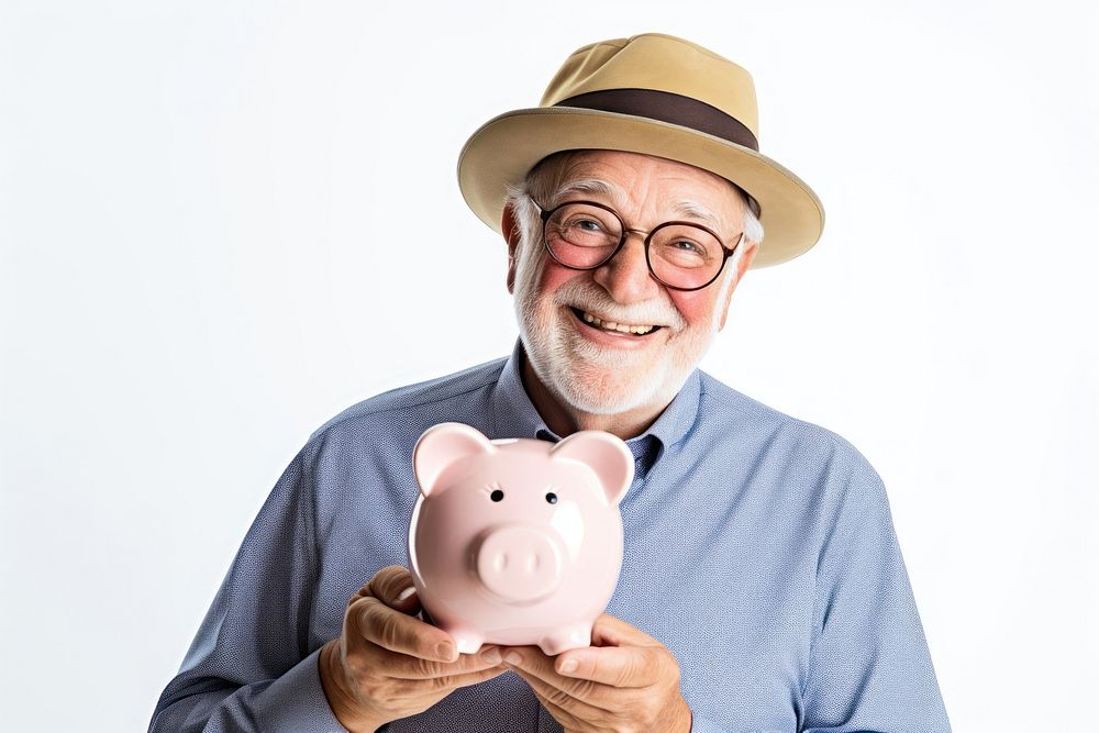 Man holding his piggy bank adult retirement investment.