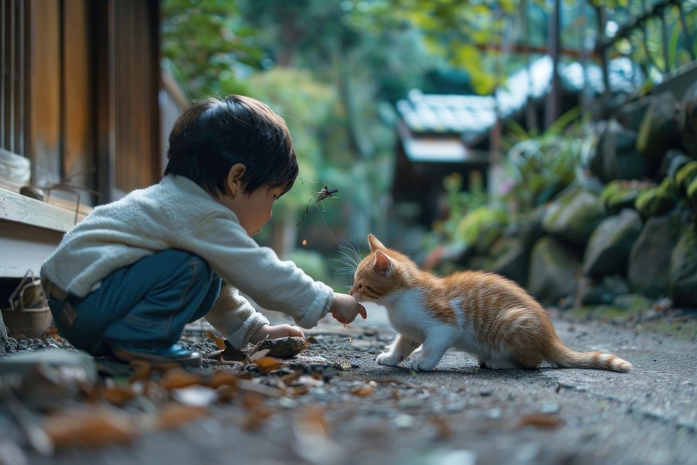 Japanese kid playing with a cat portrait outdoors sitting.