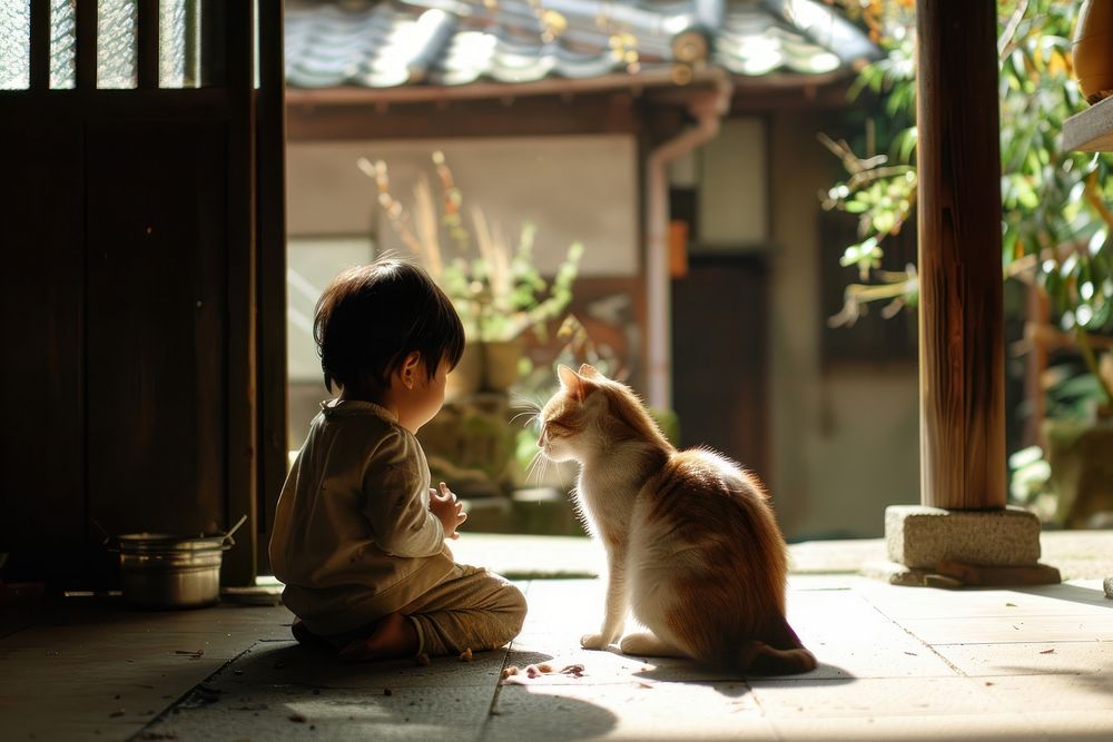 Japanese kid playing with a cat mammal animal photo.