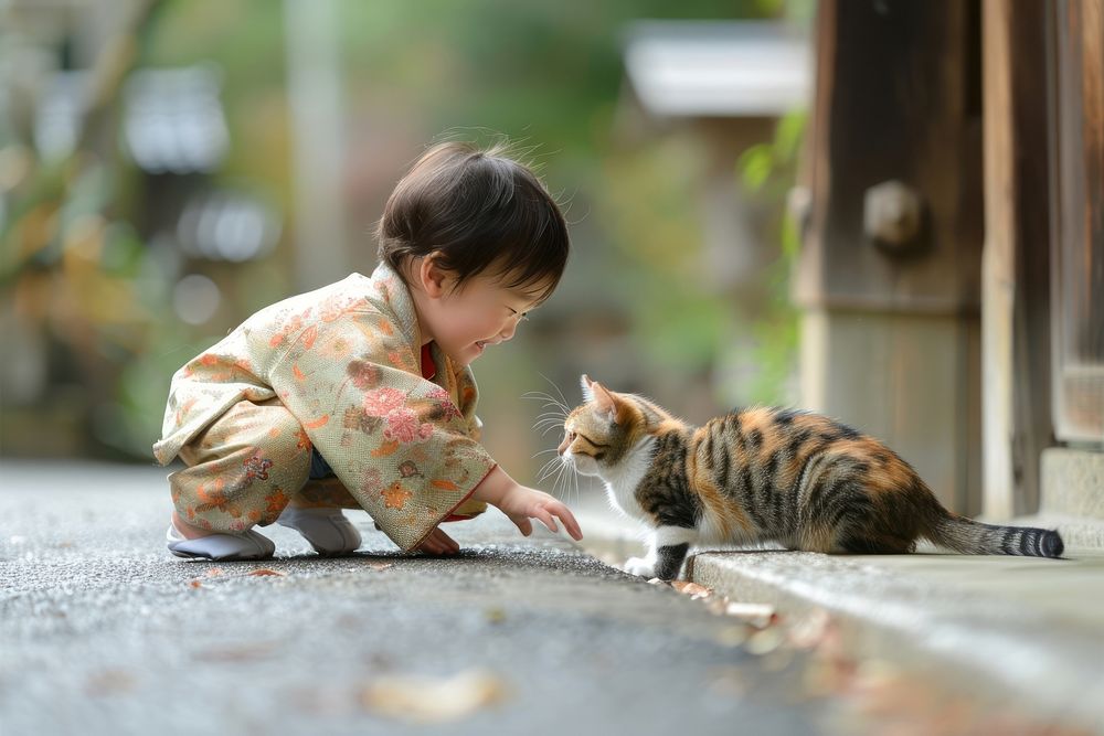 Japanese kid playing with a cat animal mammal kitten.