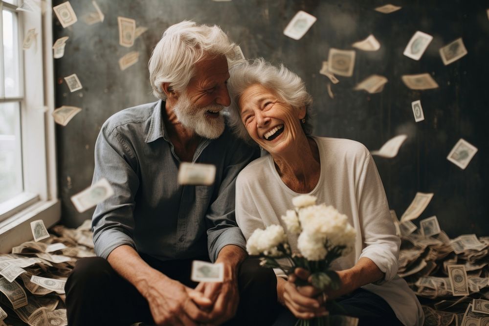 Old happy couple saving money laughing adult togetherness.