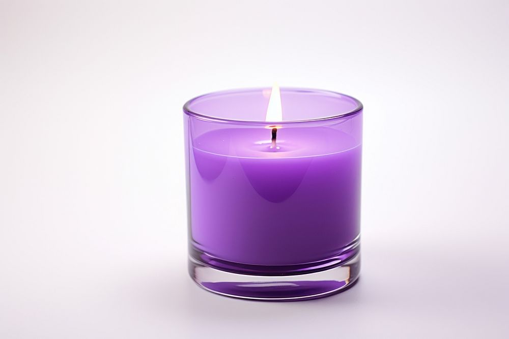 Mockup of a candle purple glass white background.